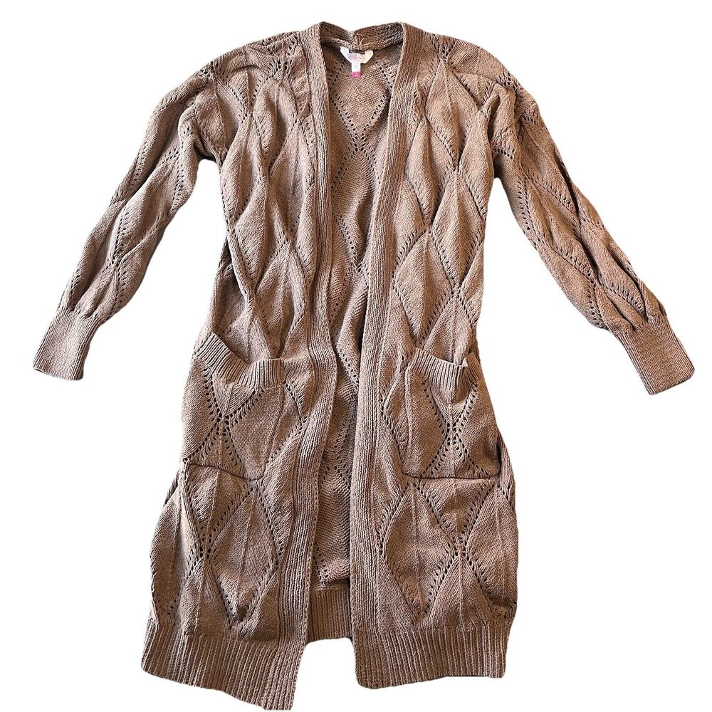 No Boundaries Brown Tan Open Front Argyle Cardigan Sweater Pockets Juniors Sz M